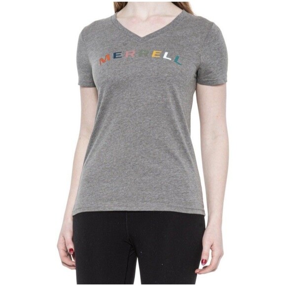 MERRELL Women's Arch Gray Stonewash Short Sleeve V Neck TShirt Size XS New - Picture 1 of 11